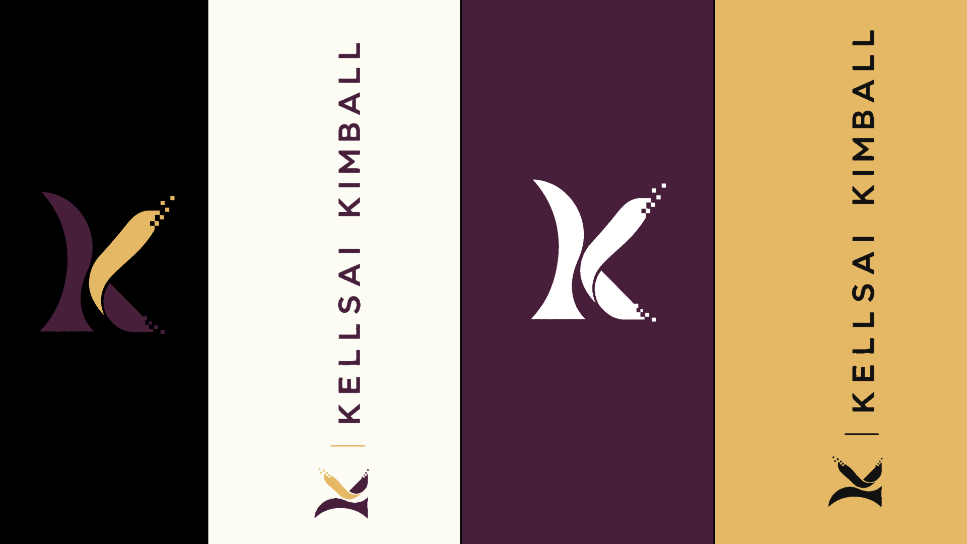 Kellsai Kimball vertical and horizontal logo variations in plum, gold, black, and white